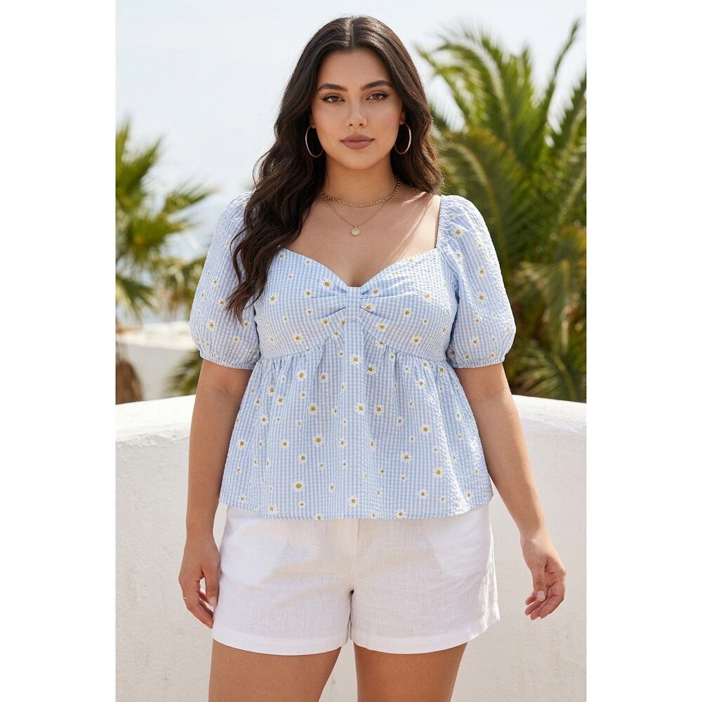 Daisy Print Puff Sleeve Floral Babydoll Top Womens 1X Fairy Boho Cottage Beachy